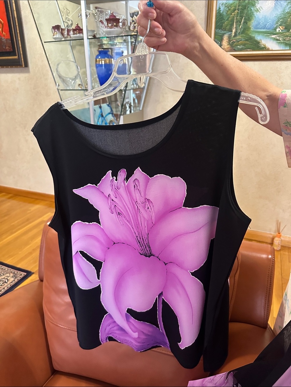 Black Tank Top with Pink Floral Motif